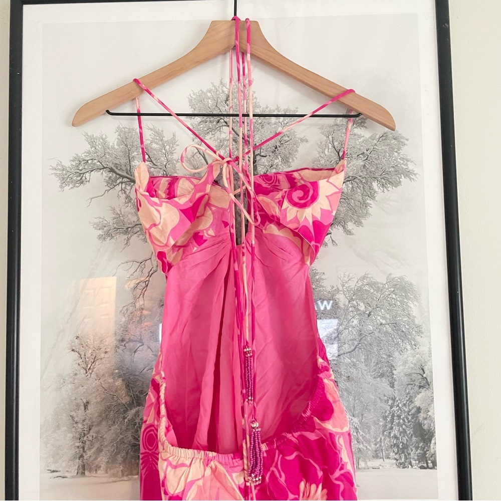 Farm Rio Tropical Groove Pink Maxi Dress Large Cutout Halter NWT - Picture 12 of 16